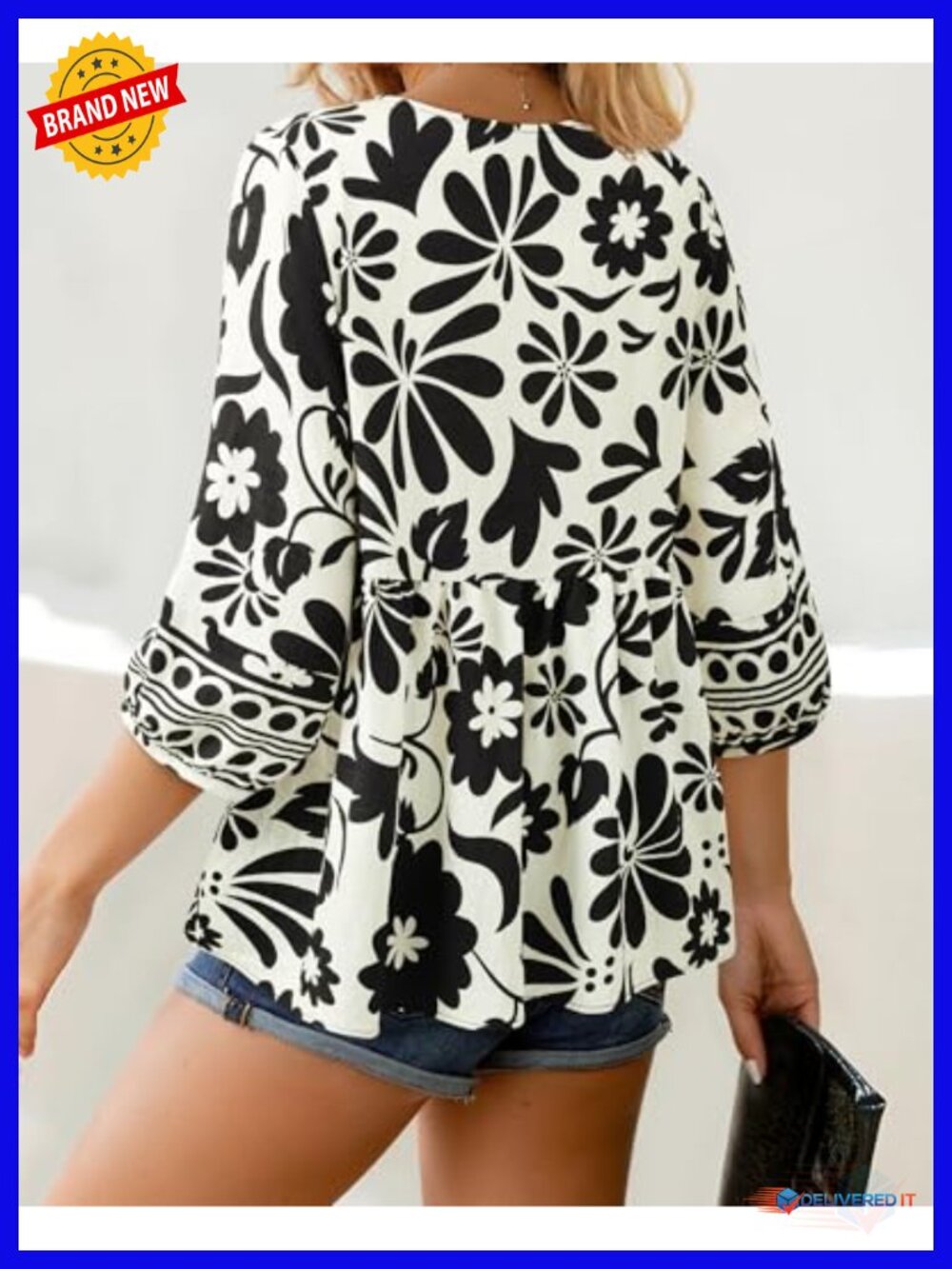 Boho Floral Babydoll Tunic Blouse 3/4 Lantern Sleeve Peplum Tie Front - Picture 2 of 6